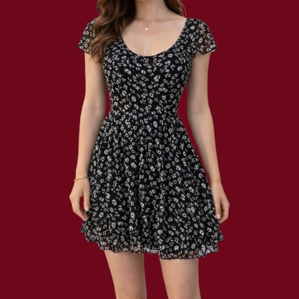 Vtg ROYAL BONES Black Chiffon Skull Goth Ruffle Dress